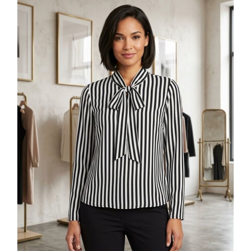 SHEIN CURVE Vertically Striped P*ssy Bow Blouse Women's Plus 2XL Black & White